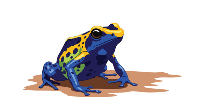A vibrant blue poison dart frog with yellow and green markings sits on a brown ground, captured in a detailed illustration.