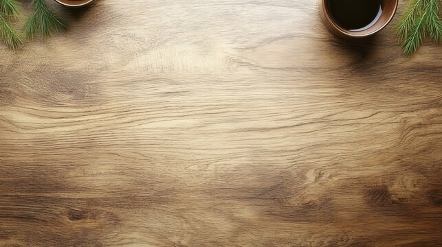 Warm Wooden Tabletop Mockup with Coffee Cups and Evergreen Sprigs for Stylish Rustic Decor.