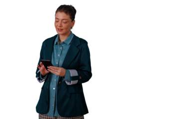 Young businesswoman holding and using a smartphone, connecting through technology, with a transparent background for versatile use