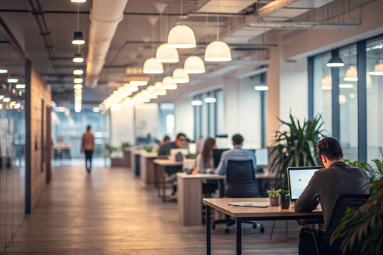 Dynamic team collaborating in stylish open plan office space, fostering innovation and productivity in a modern, light-filled workplace environment