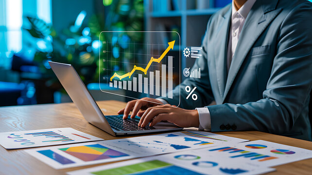 Business professional analyzing financial graphs and data trends on laptop with digital analytics and growth chart in office environment