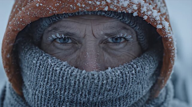 Extreme close-up of a person's face, bundled in frosted winter gear, revealing intense blue eyes