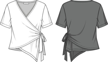 Wrap-style women’s top, short sleeves, asymmetrical hemline, fashion illustration, technical sketch, garment construction, V-neck blouse, front and back view, vector template