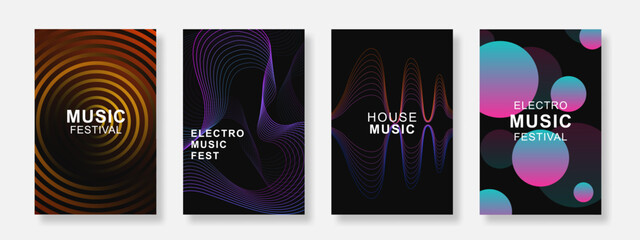 Gradient music poster background set. Electro Sound Cover template with geometric shape design. Suitable for club, party, music festival, social media, banner. Vector