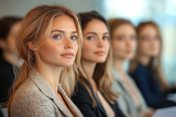 Obraz premium Focused young woman sitting in a row with other women in a professional setting showing confidence and attentiveness