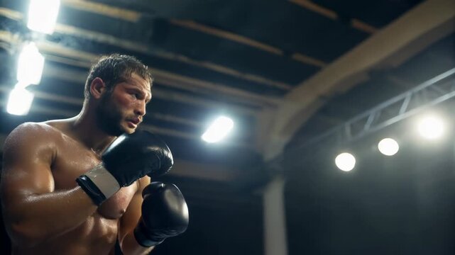 Boxer throwing punch arena lights, male athlete training intensely with gloves young boxer training dimly lit ring, chalk particles and sweat motion
