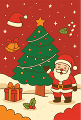 Santa Claus with Christmas Tree and Gifts in Snowy Scene