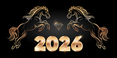 Luxury 2026 New Year with Golden horses and diamond element on black background used for Chinese New Year greeting cards calendars posters invitations and festive branding, banner. Vector illustration