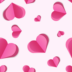 Seamless pattern with 3D pink paper hearts on a light background, for Valentines Day cards, textile prints, wrapping paper, backgrounds, invitations, wallpapers,social media .Vector illustration