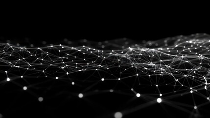 Abstract digital network with glowing interconnected nodes and lines forming a wave-like structure on black background, evoking a futuristic and technological feel