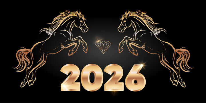 Luxury 2026 New Year with Golden horses and diamond element on black background used for Chinese New Year greeting cards calendars posters invitations and festive branding, banner. Vector illustration