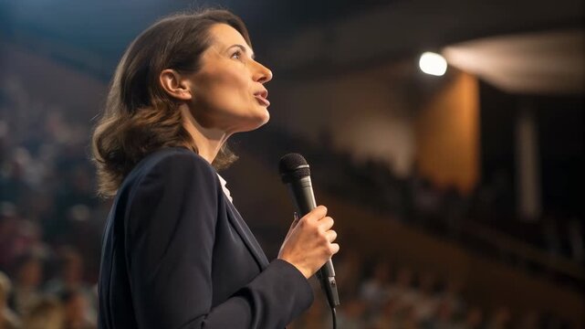 Woman speaker stage podium holding microphone addressing audience auditorium with warm stage lighting confident expression presentation public