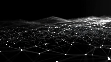 Abstract digital network of interconnected glowing nodes and lines forming a dynamic wave-like surface on a dark background conveying connection and complexity