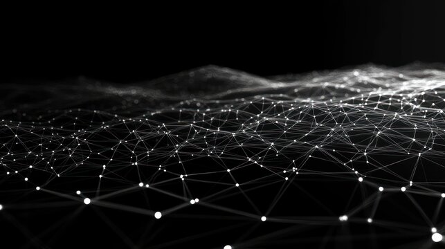 Abstract digital network of interconnected glowing nodes and lines forming a dynamic wave-like surface on a dark background conveying connection and complexity