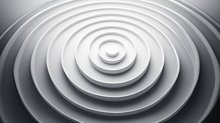 Concentric circular white rings stacked in a smooth gradient gray environment creating a 3D abstract layered pattern
