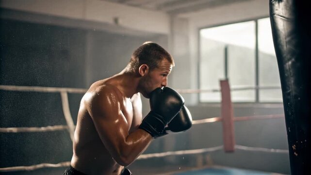 Boxer training with punching bag in dim gym focused workout muscle build punching glove technique sweat flying intense gym training session
