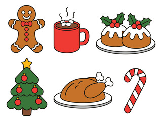 A collection of festive Christmas food and decorations are laid out for a holiday celebration.