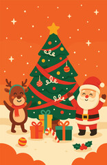 Santa and Reindeer Celebrating Christmas with Tree and Gifts