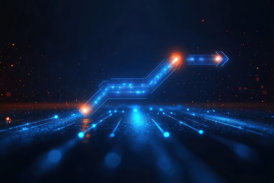 Glowing blue digital arrow pointing upwards and to the right on a futuristic dark background with orange sparks symbolizing growth and progress