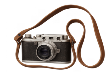 Vintage analog camera with leather strap on transparent background