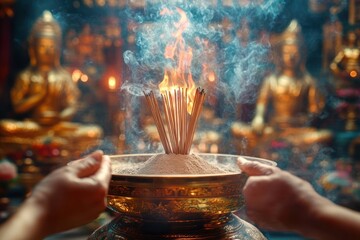 Hands holding a golden incense holder with multiple lit incense sticks producing smoke and flame in a temple with blurred golden statues in the background