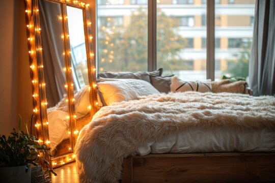 Cozy bedroom with a wooden bed covered by fluffy blanket and decorative pillows near large window with urban view, warm fairy lights framing a full-length mirror, and a potted plant