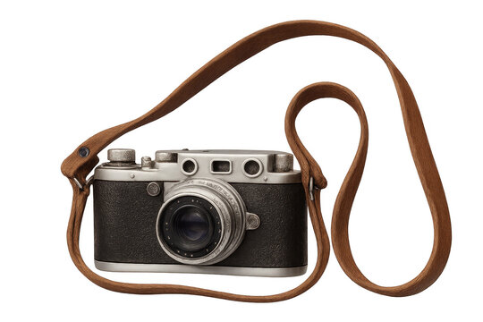 Vintage analog camera with leather strap on transparent background