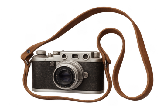 Vintage analog camera with leather strap on transparent background