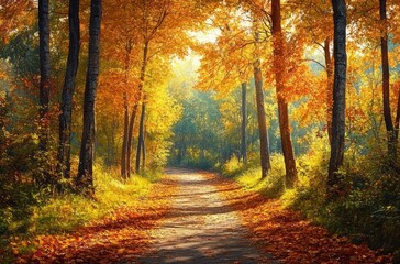 Fototapeta premium Sunlit forest path surrounded by tall trees with vibrant orange and yellow autumn leaves, creating a warm and peaceful atmosphere