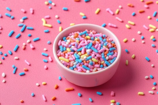 pink bowl filled with colorful candy sprinkles on vibrant pink surface scattered with more sprinkles creating cheerful and playful atmosphere