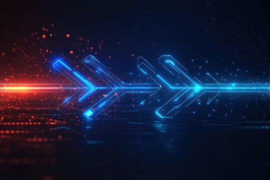 Digital glowing arrows forming a futuristic neon pathway with red and blue light particles on a dark background, conveying motion and technology