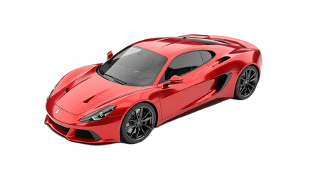 A shiny red sports car with black wheels and tinted windows on a black background in a studio shot