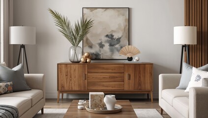 Obraz premium Japandi living room interior featuring wooden commode and table lamp, emphasizing harmony and minimalism