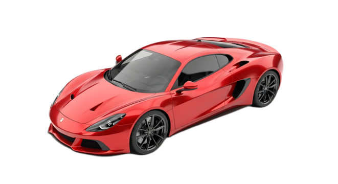 A shiny red sports car with black wheels and tinted windows on a black background in a studio shot