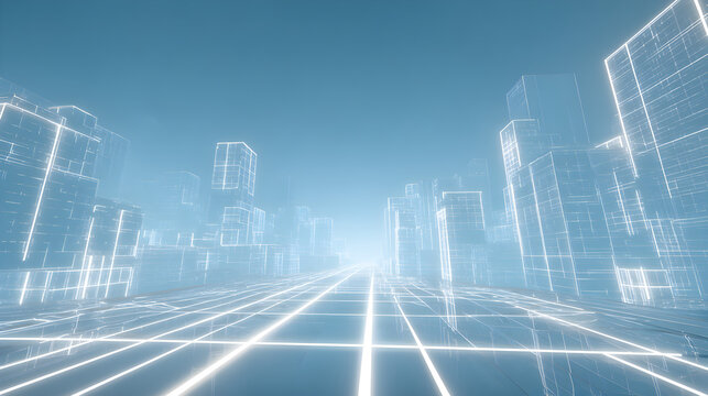 Futuristic digital city skyline glowing with neon lights and grid patterns, representing innovation and advanced technology