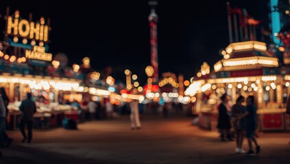 Obraz premium Colorful lights illuminating an outdoor amusement park at night, ideal background for text and layout