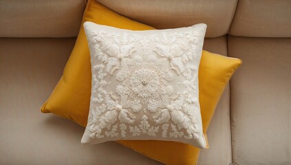 Decorative cushion resting on a bright yellow surface, ideal for enhancing visual appeal