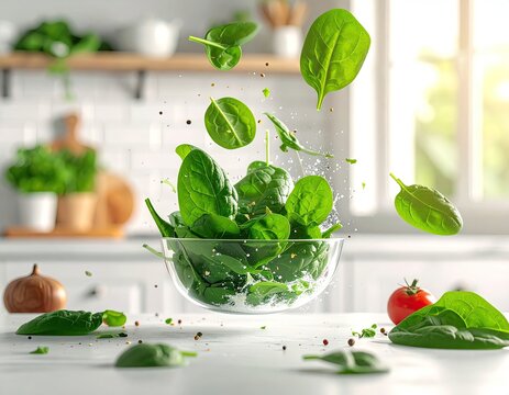 Fresh Green Spinach Leaves Flying Above Glass Bowl on a White Table in Bright Kitchen