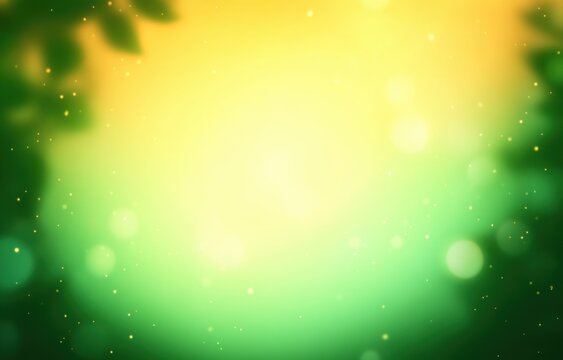 Abstract green and yellow gradient background with glowing light spots and soft bokeh effects creating a peaceful, dreamy atmosphere - Powered by Adobe