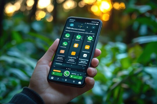 Hand holding smartphone displaying communication and social media app icons in a natural outdoor setting with warm sunlight and blurred green foliage in background