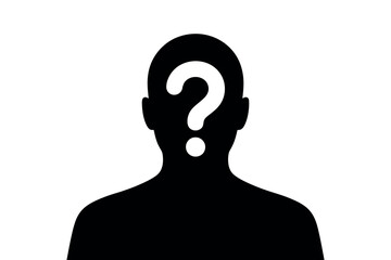 Silhouette of a person with a question mark on their head representing uncertainty and anonymity on white background