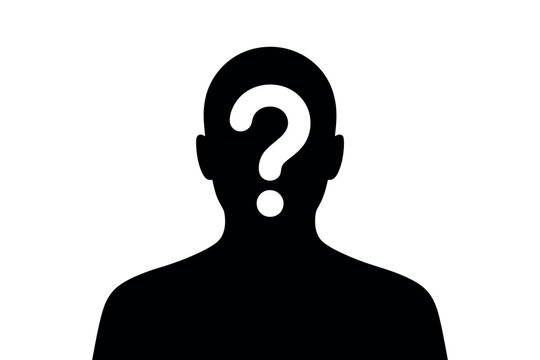 Silhouette of a person with a question mark on their head representing uncertainty and anonymity on white background