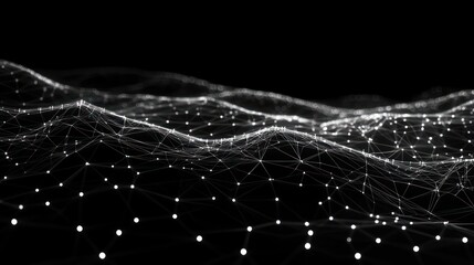 Abstract digital landscape with interconnected white points and lines forming a mesh network on a black background creating a futuristic and dynamic atmosphere