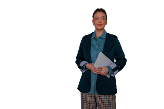 Young professional woman standing, holding a netbook, smiling, and looking to the side, transparent background