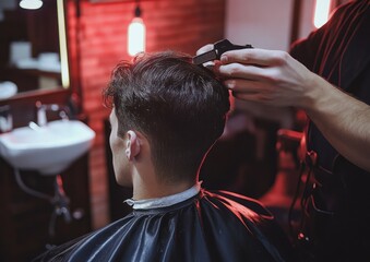 Man getting a haircut with electric clippers in a dimly lit barbershop with warm red lighting and modern interior
