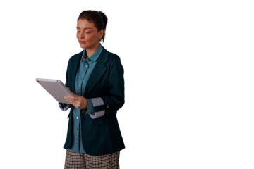 Businesswoman reviewing data on a tablet, a focused professional standing, working and analyzing information