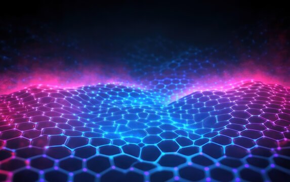 Glowing hexagonal grid forming a wavy mesh landscape with vibrant blue and pink neon colors creating a futuristic digital atmosphere - Powered by Adobe
