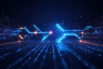 Glowing neon blue and orange futuristic arrows made of digital circuitry and light particles pointing forward on a dark grid background evoking technology and digital progress