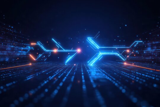 Glowing neon blue and orange futuristic arrows made of digital circuitry and light particles pointing forward on a dark grid background evoking technology and digital progress