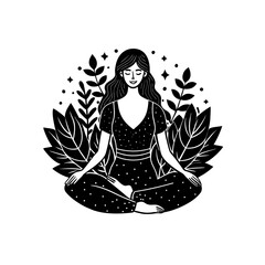 Woman meditating peacefully surrounded by lush foliage and stars